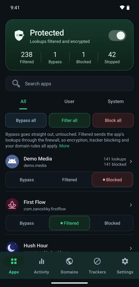The app list with Demo Media set to Blocked and First Flow set to Filtered, each row offering Bypass, Filtered and Blocked.