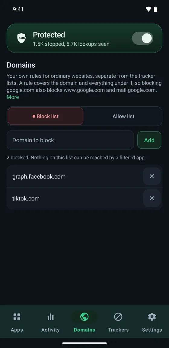 A block list holding graph.facebook.com and tiktok.com.