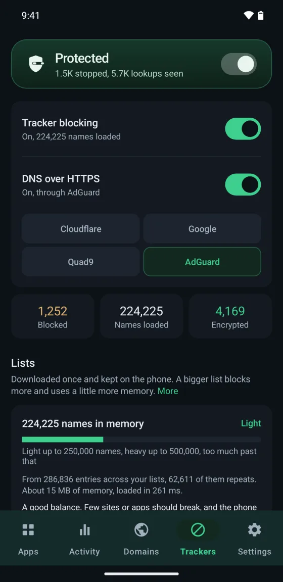 Tracker blocking on with 224,225 names loaded, DNS over HTTPS through AdGuard, and the memory the lists take.