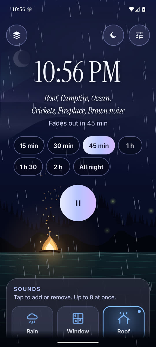 Home while playing: the time, the mix, the timer chips and the pause button over a night scene with a campfire, water and rain.