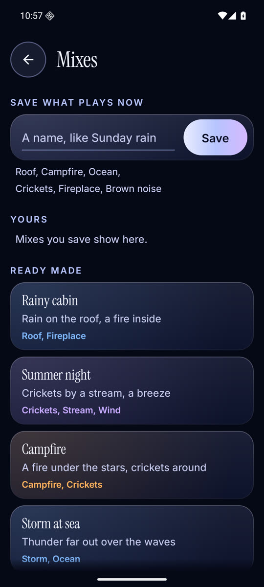 The Mixes page with a box to save the current mix and ready made mixes like Rainy cabin and Summer night.