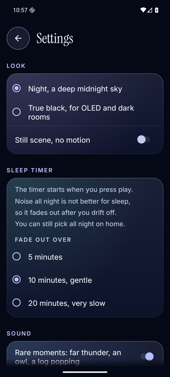 Settings: theme, still scene, sleep timer fade.