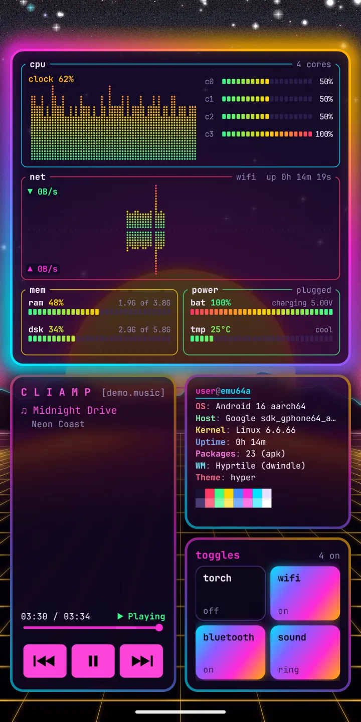 A tiled workspace: a btop style monitor with cpu cores, network, memory and power, the cliamp music player playing Midnight Drive, a fetch window with phone specs, and toggles for torch, wifi, bluetooth and sound.