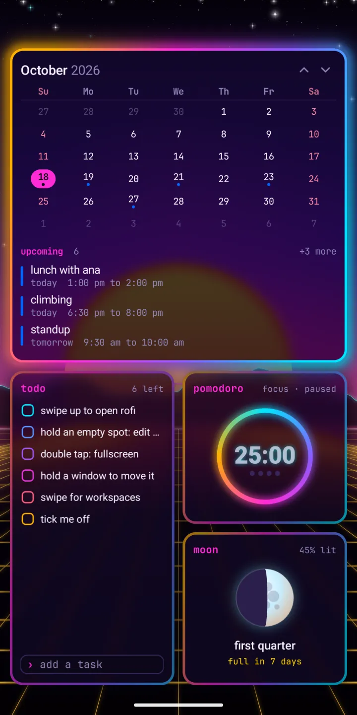 A planner workspace: the October calendar with upcoming events, a todo list, a pomodoro ring at 25:00 and the moon.