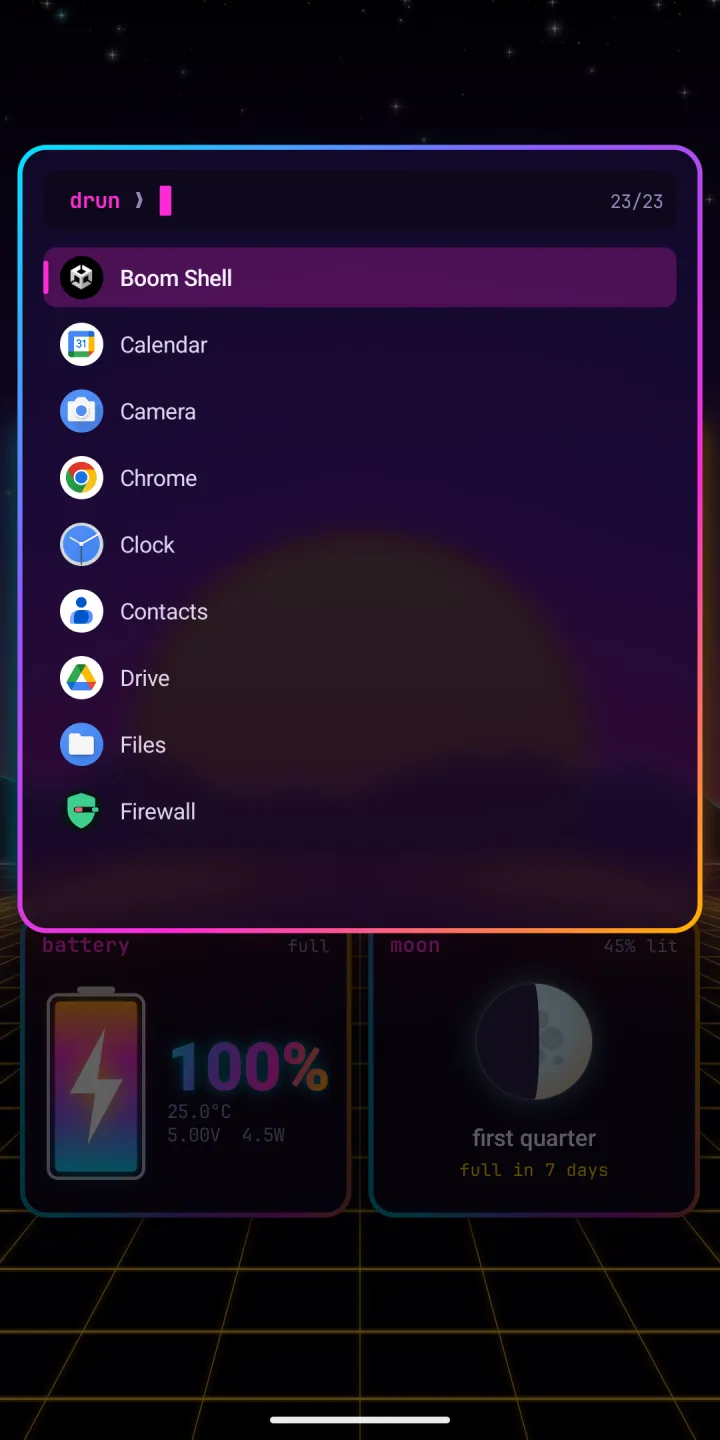 The rofi style app launcher open over the desktop, listing apps like Calendar, Camera, Chrome and Clock.