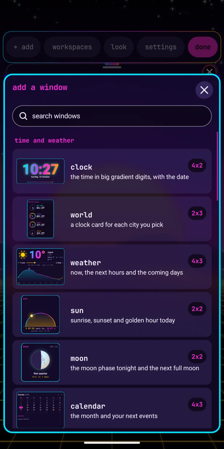 The add a window sheet with a search field and live previews of clock, world, weather, sun, moon and calendar, each with its size.