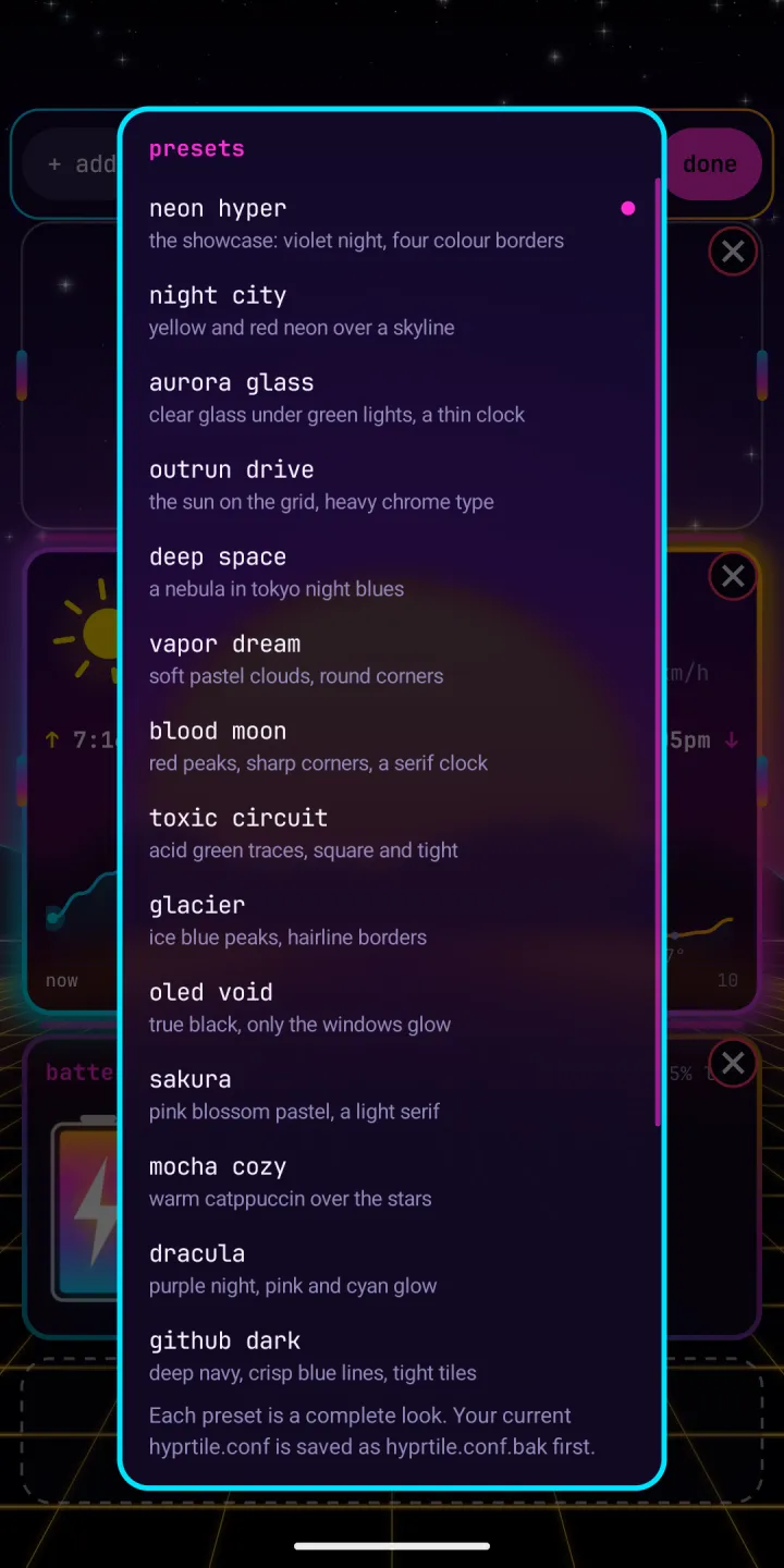 The presets menu: neon hyper, night city, aurora glass, outrun drive, deep space, vapor dream, blood moon, toxic circuit, glacier, oled void, sakura, mocha cozy, dracula and github dark.