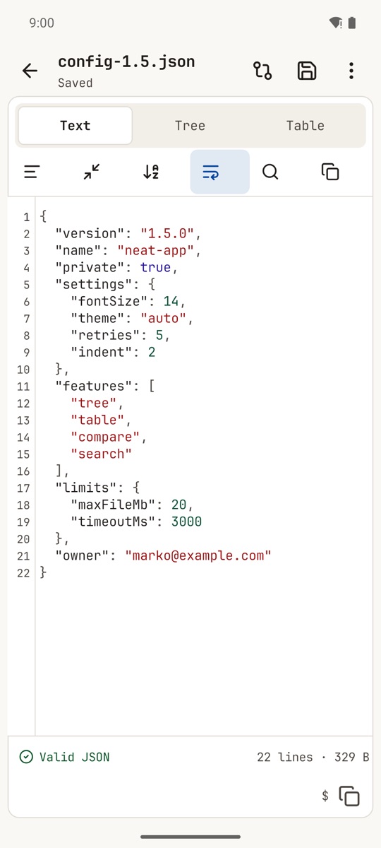 The Text view with line numbers and JSON colours, and the Text, Tree and Table tabs above it.