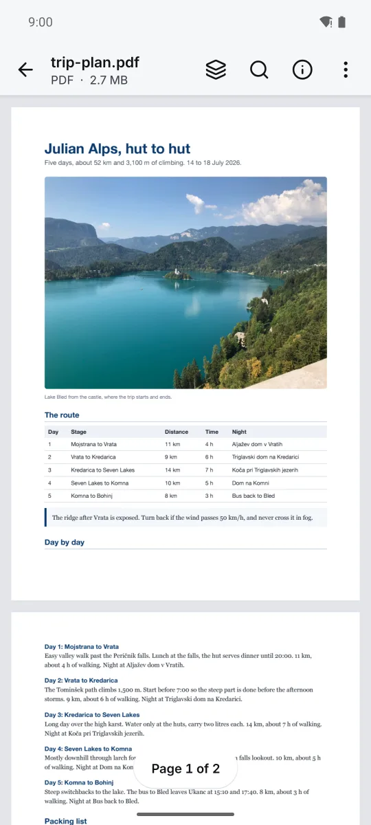A trip plan PDF with a photo and a route table.